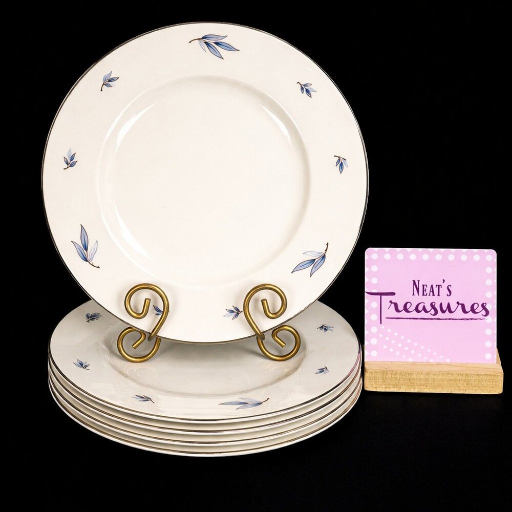 MCM Syracuse China CELESTE Blue Leaves White Platinum Trim Dinner Plates Set 5